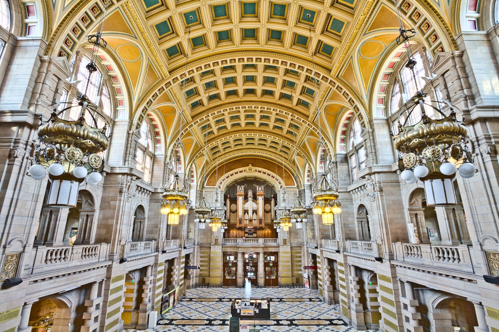 The double-height galleried central hall of Kelvingrove with its 1901 pipe organ