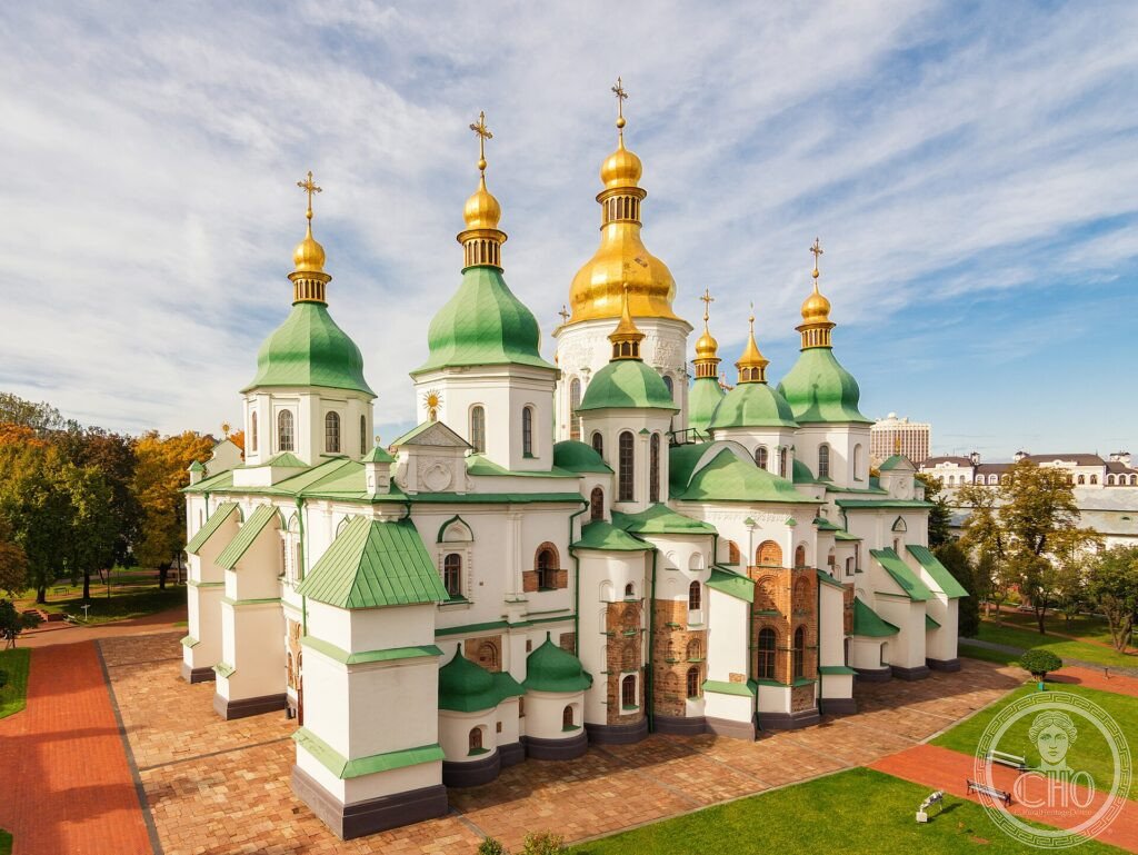 The green and golden domes of Saint Sophia Cathedral in Kyiv