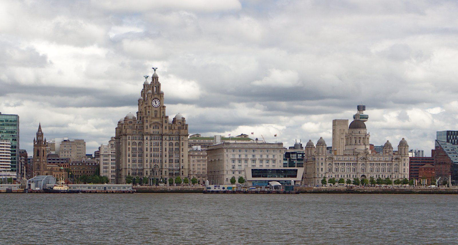 Liverpool waterfront with the Three Graces: Royal Liver Building, Cunard Building, Port of Liverpool Building Liverpool waterfront with the Three Graces: Royal Liver Building, Cunard Building, Port of Liverpool Building