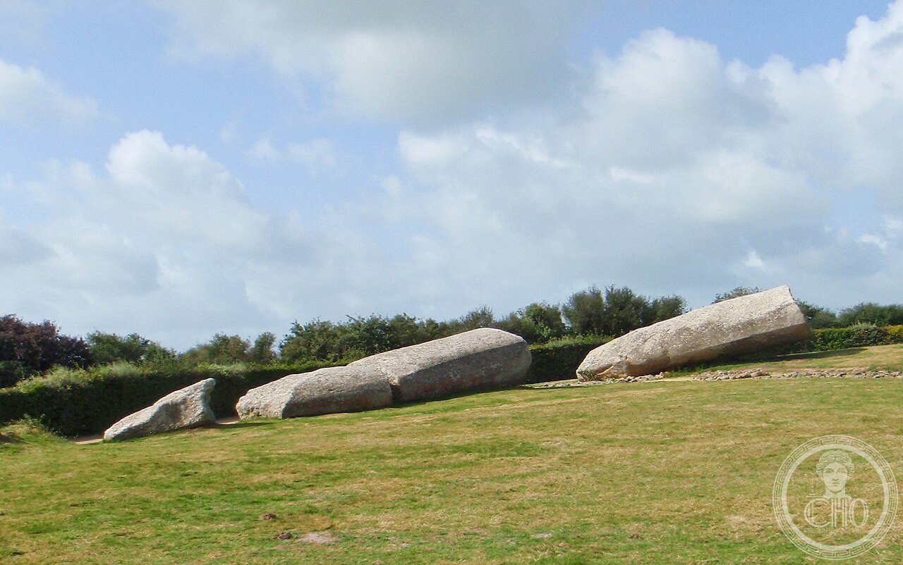 The Grand Menhir Brisé lying broken in four pieces at Locmariaquer, Gulf of Morbihan, Brittany