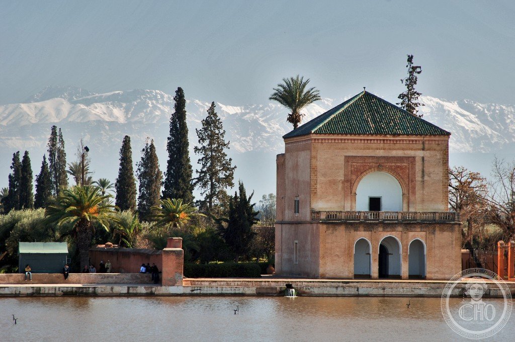 Marrakech Menara Gardens saadian pavilion Atlas Mountains Morocco imperial city reflected pool minaret medina UNESCO World Heritage