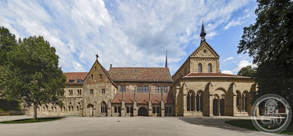 The stone courtyard of Maulbronn Monastery with its church porch and half-timbered buildings