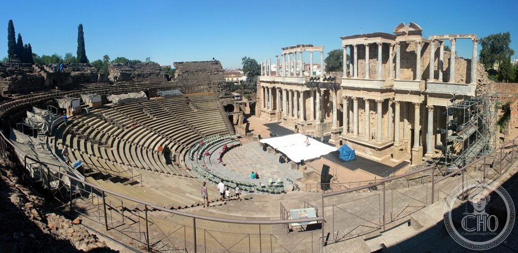 The colonnaded stage and tiered seating of the Roman Theatre of Mérida