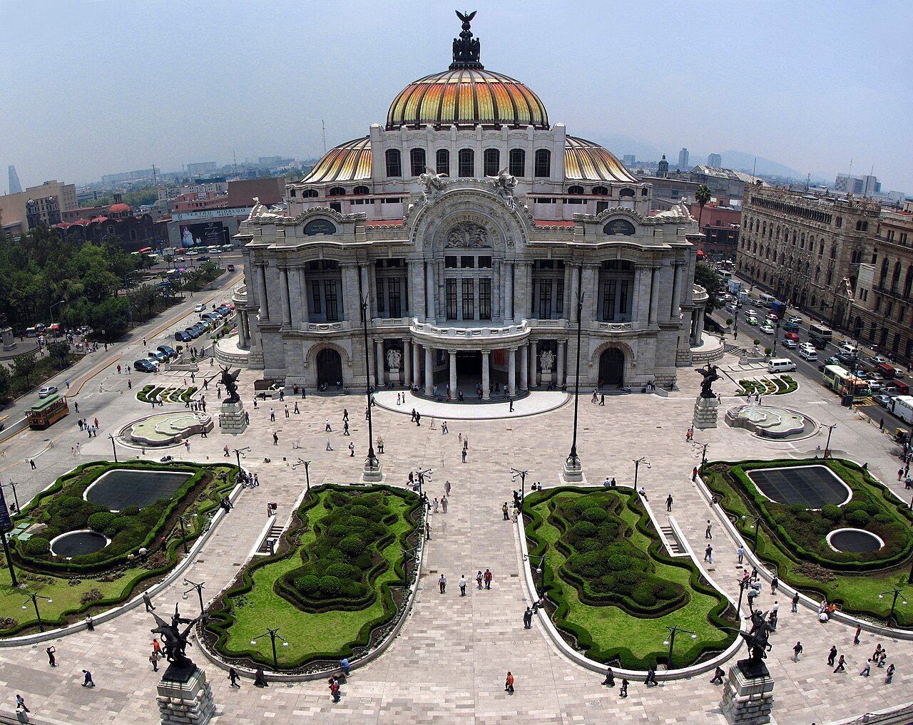 The white marble facade of the Palacio de Bellas Artes in Mexico City