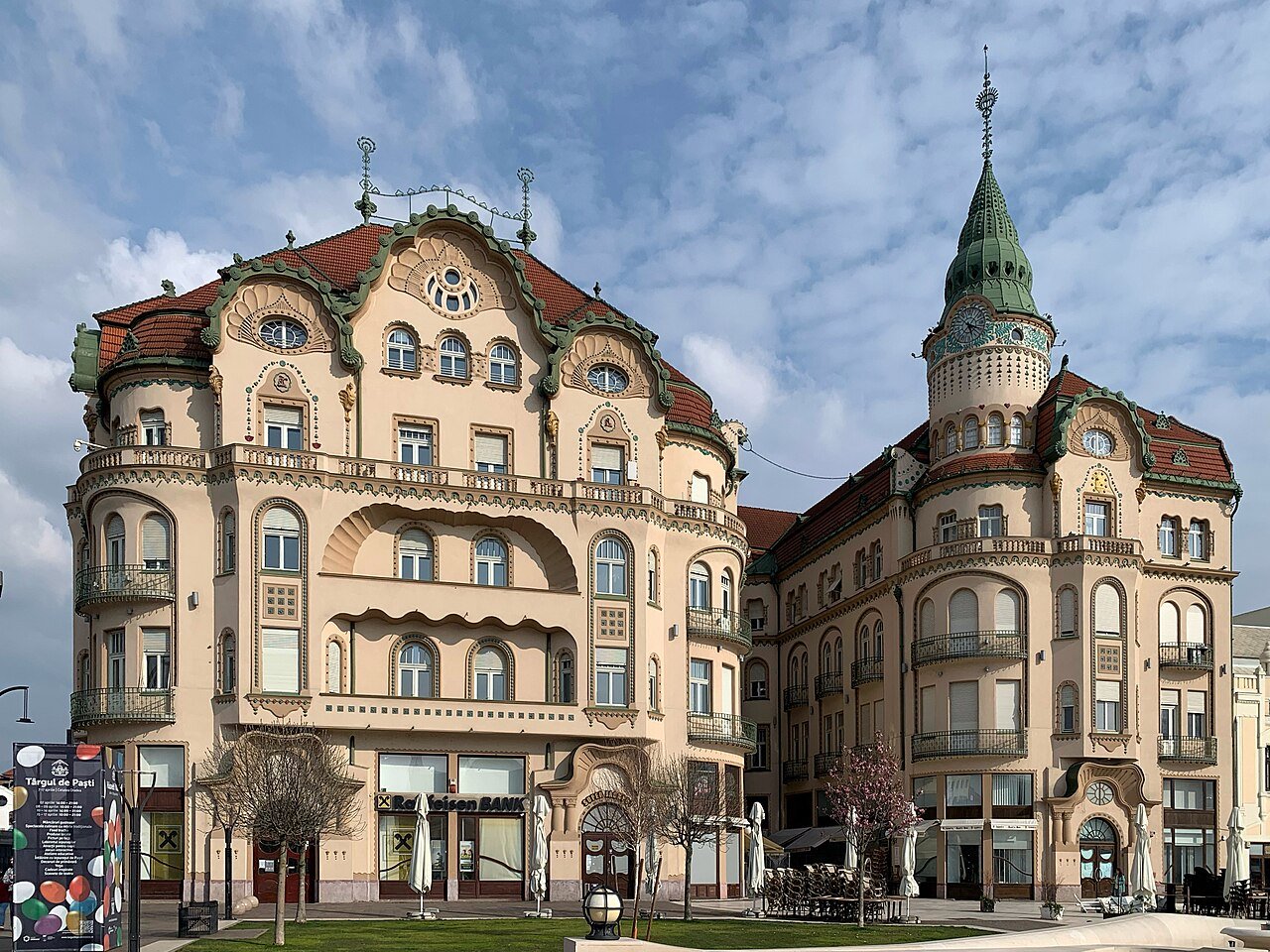 Black Eagle Palace facade in Oradea with curved Secession gables and ornamented bays