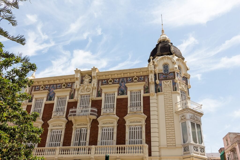 The corner tower and Modernista façades of the Palacio de Aguirre, Cartagena The corner tower and Modernista façades of the Palacio de Aguirre, Cartagena