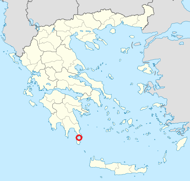 Map showing the submerged Bronze Age town of Pavlopetri off the coast of Laconia in southern Greece