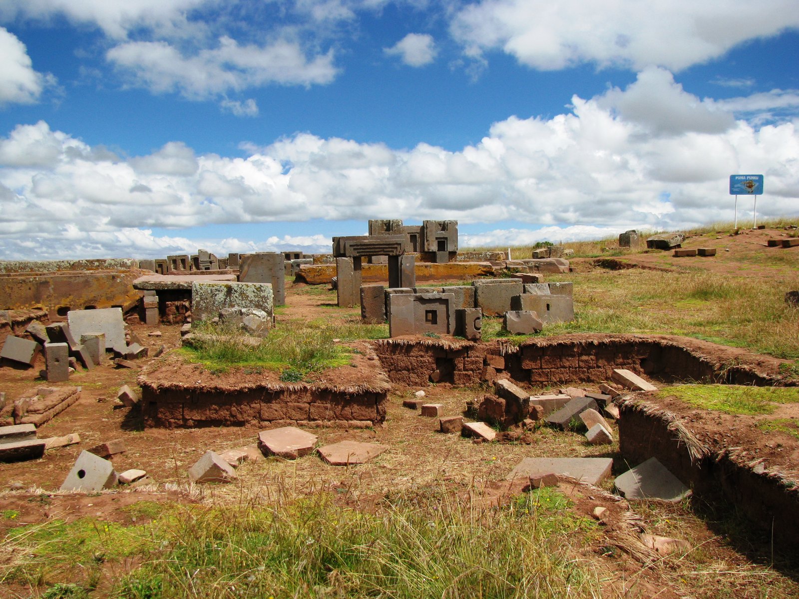 Precisely cut H-shaped andesite blocks scattered across the Puma Punku site on the Bolivian Altiplano