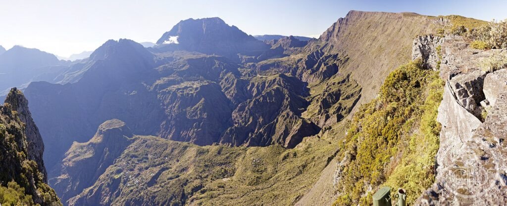 The mountainous Cirque de Mafate caldera with sharp peaks and deep ravines on Réunion Island