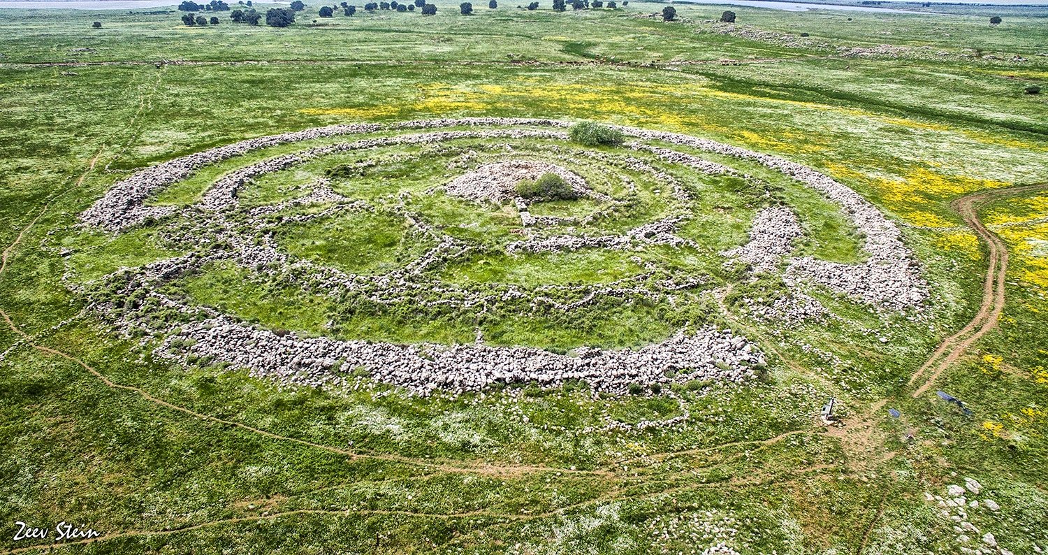 Aerial view of Rujm el-Hiri concentric stone circles, Golan Heights
