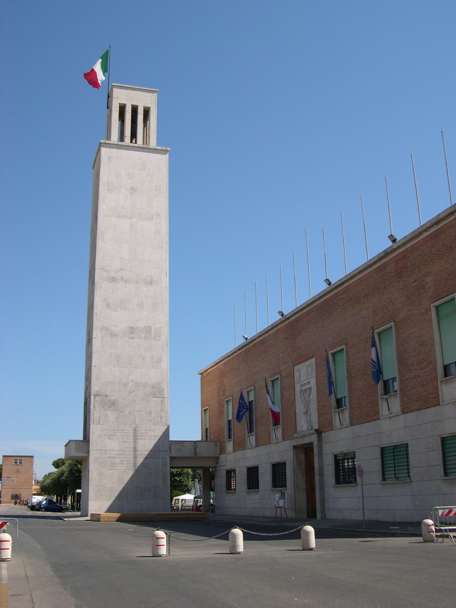 The civic tower of Sabaudia's town hall, a landmark of Italian Rationalist architecture