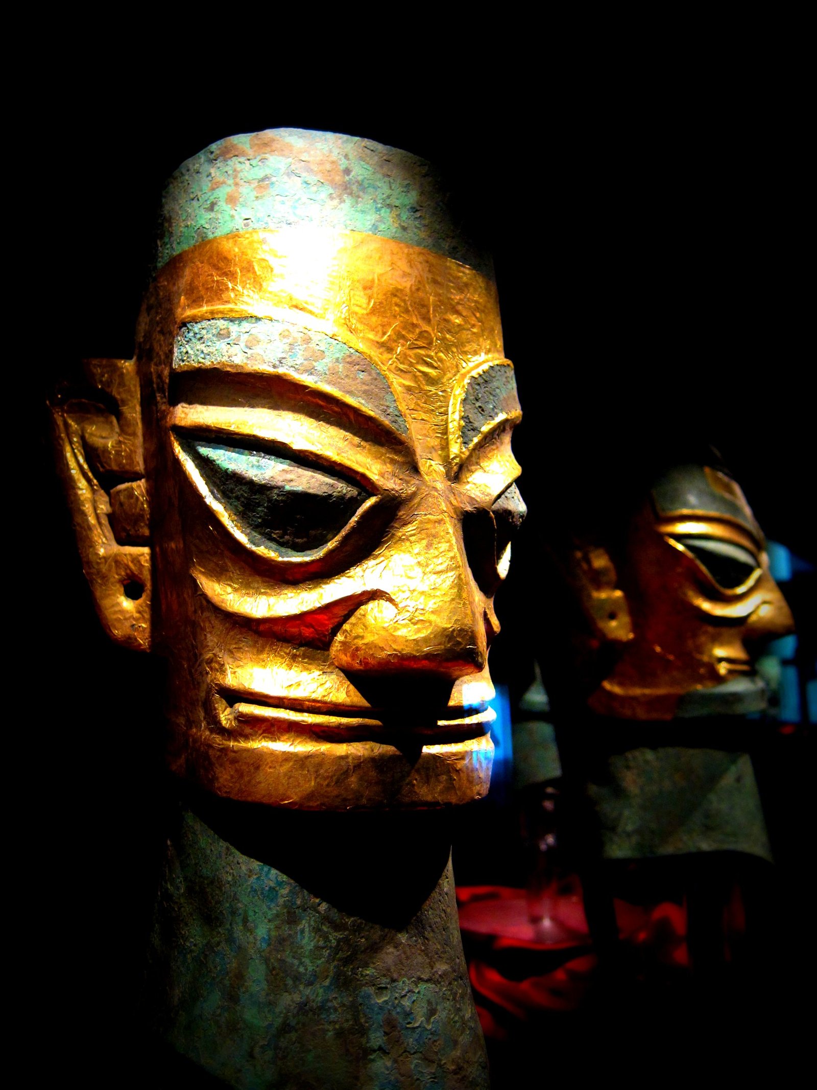 Gold foil face mask from Sanxingdui Bronze Age sacrificial pit Sichuan China