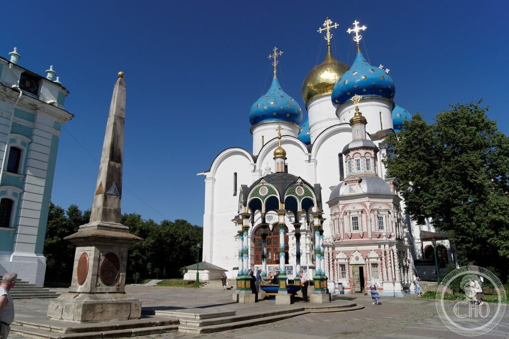 The blue gold-starred domes of the Assumption Cathedral at the Trinity Lavra of St Sergius