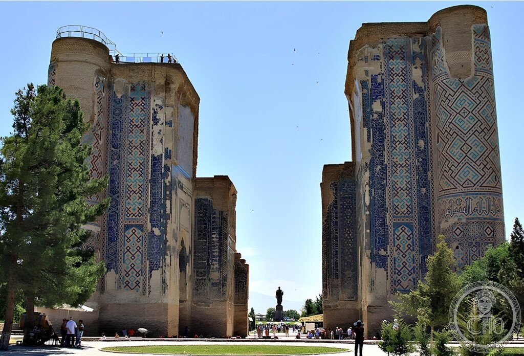 The towering tiled portal ruins of the Ak-Saray Palace built by Timur at Shakhrisabz