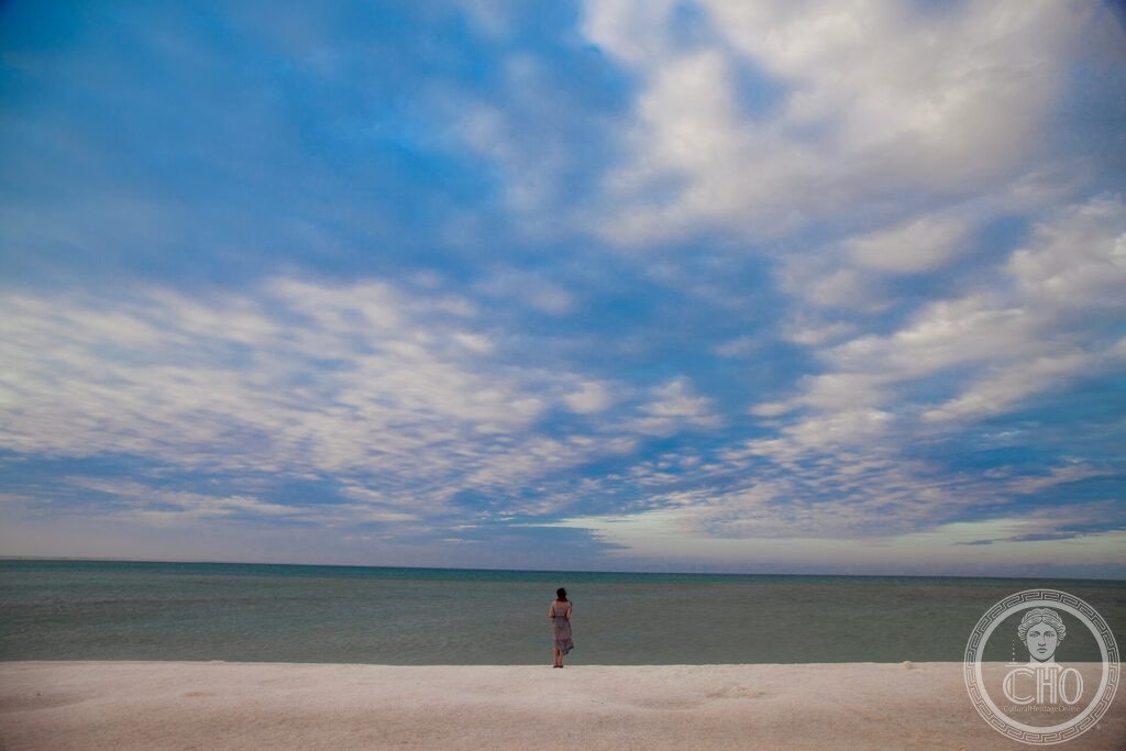 A person on a white shell beach looking out over the calm sea under a wide cloudy sky at Shark Bay
