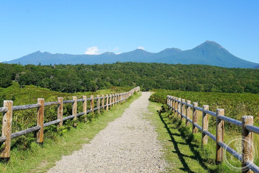 A path leading toward the volcanic mountain range of the Shiretoko Peninsula in Hokkaido, Japan