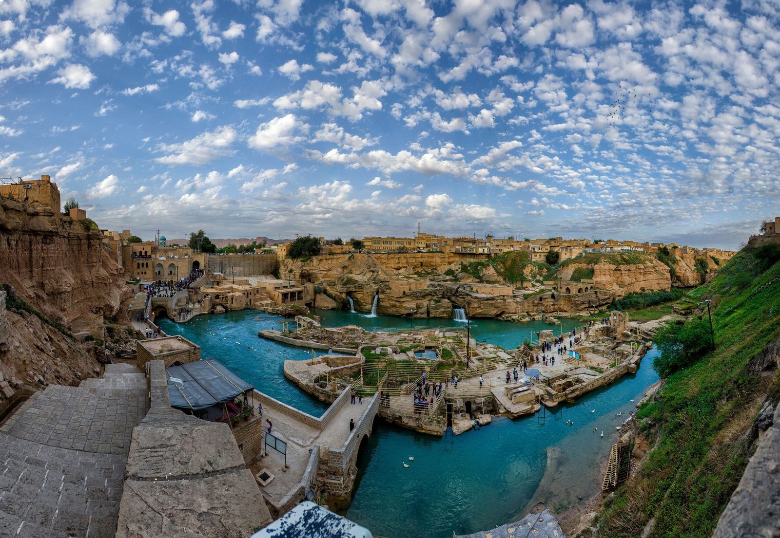 Shushtar Historical Hydraulic System waterfalls panorama, Iran