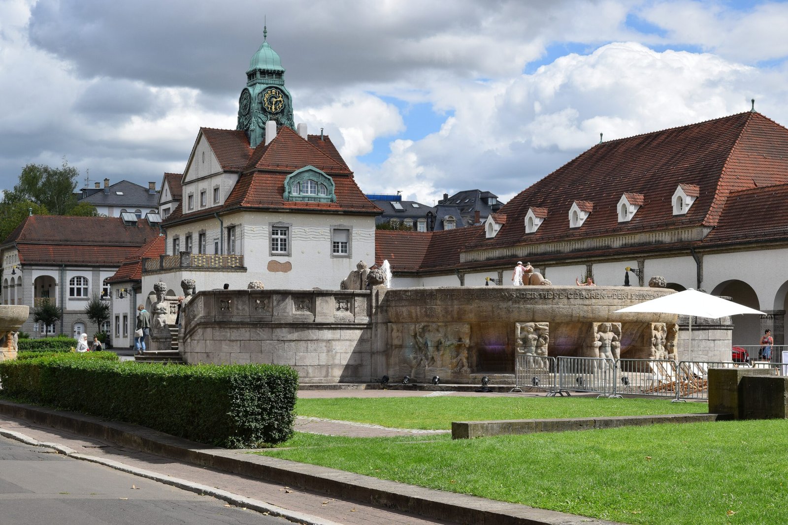 Jugendstil bathhouse facades and fountain courtyard of the Sprudelhof in Bad Nauheim