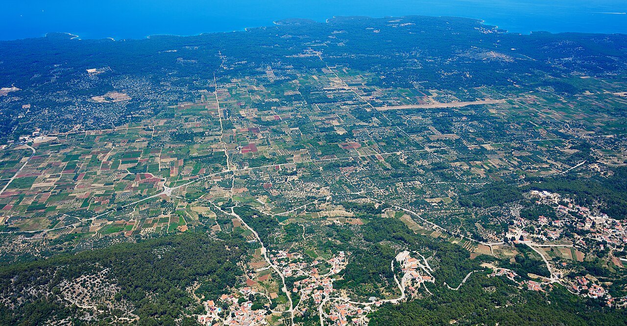 Stari Grad Plain aerial view showing ancient Greek field boundaries on Hvar island, Croatia