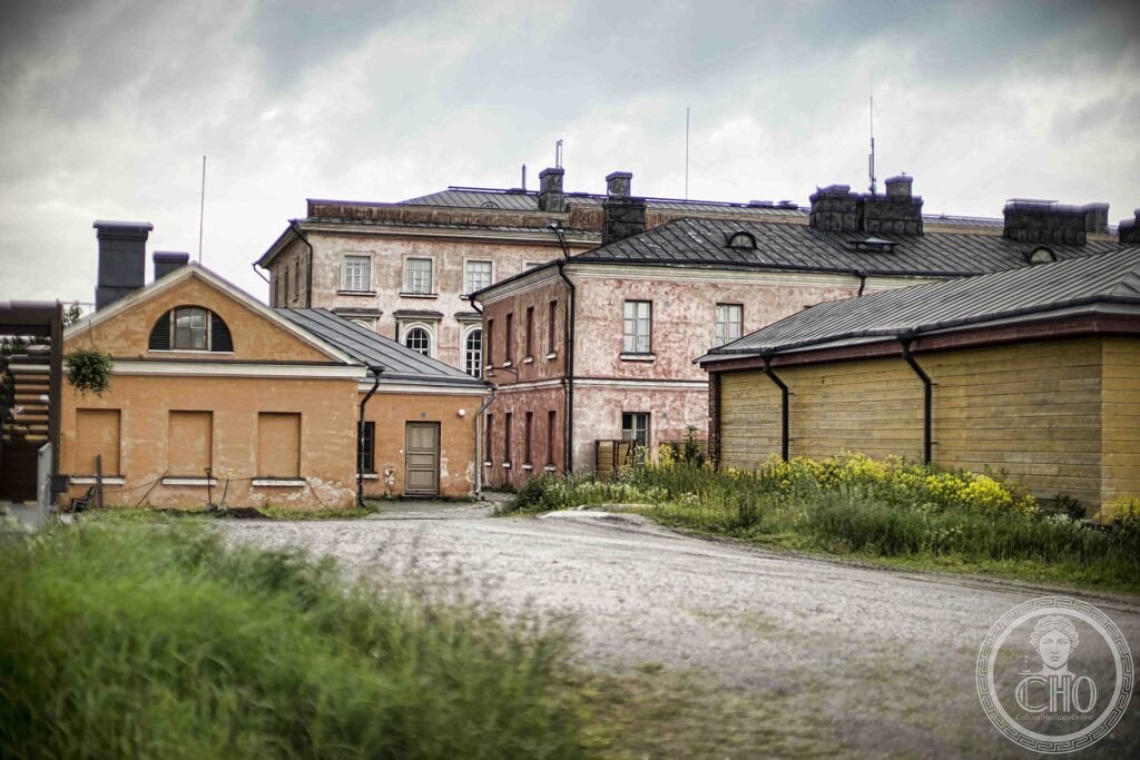 Brick and timber fortress buildings of Suomenlinna on its island off Helsinki