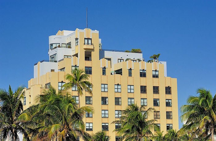 White Streamline Moderne façade of The Tides hotel on Ocean Drive, Miami Beach
