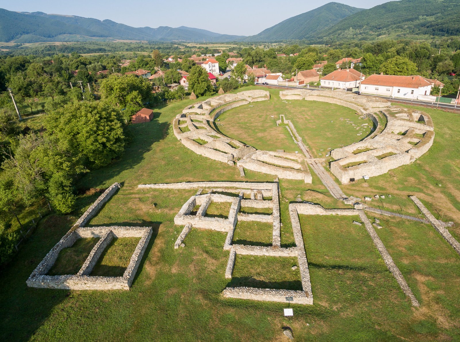 Aerial view of Ulpia Traiana Sarmizegetusa ruins, the Roman colonial capital of Dacia, in the Hațeg Basin of Romania