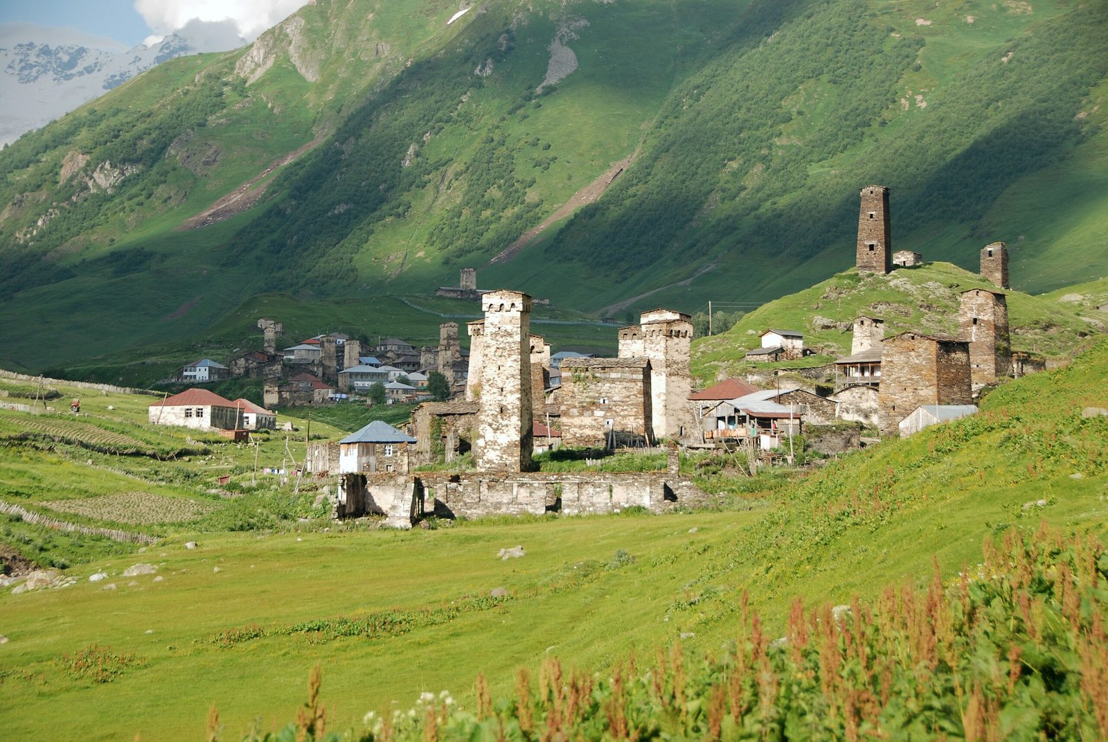 Medieval tower-houses and snow-capped peaks of Upper Svaneti, Georgia