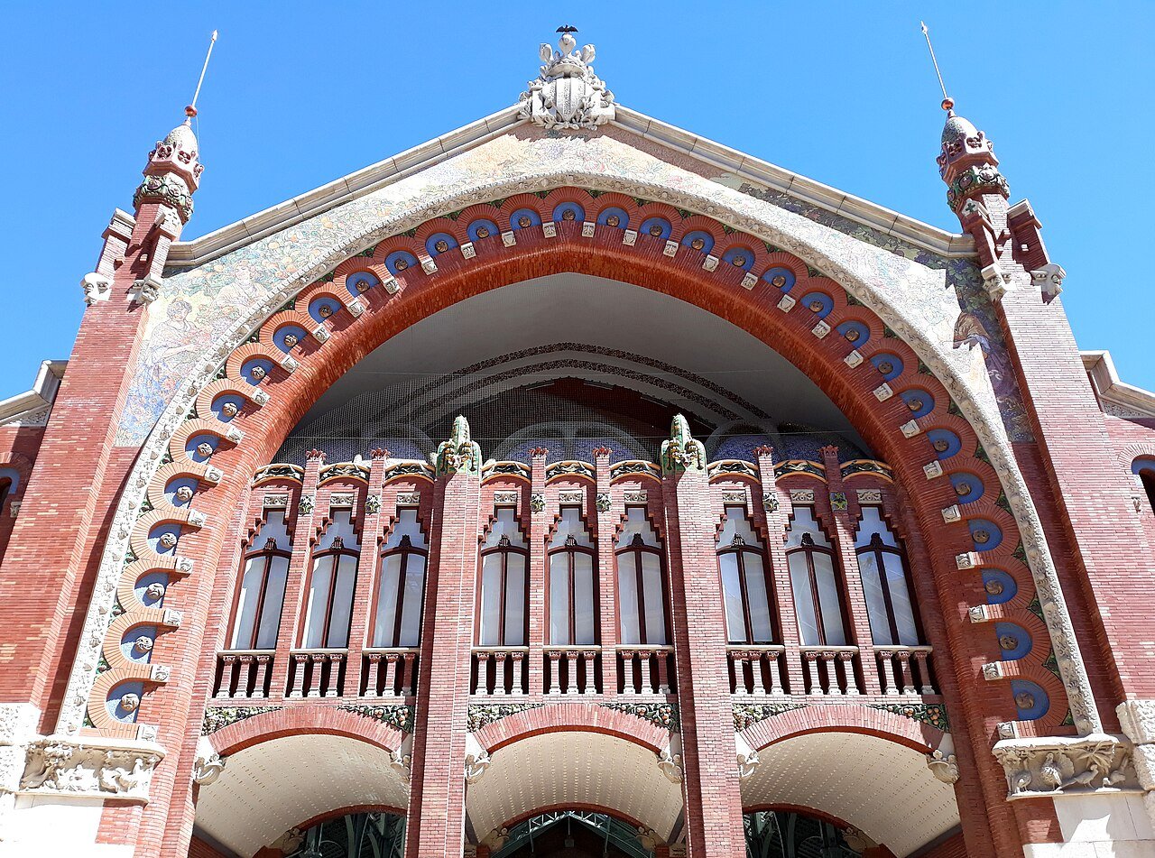 Iron and glass modernista facade of the Mercado de Colón market hall in Valencia