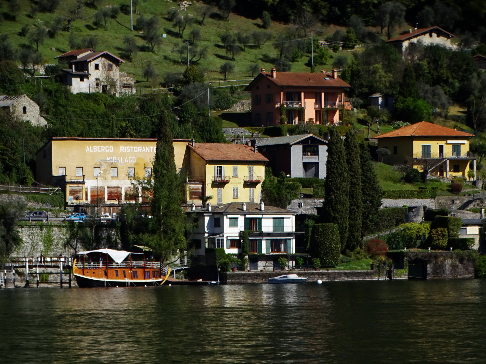 The Velarca — a modernist house-boat moored on the Tremezzina shore of Lake Como, opposite Isola Comacina