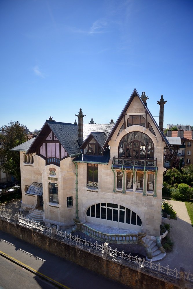 North facade of the Villa Majorelle in Nancy with carved stonework and curving Art Nouveau window frames