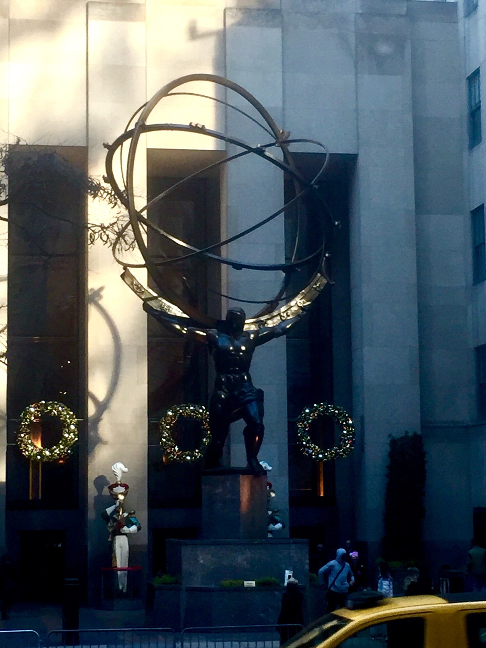 Lee Lawrie's bronze Atlas statue holding an armillary sphere at Rockefeller Center