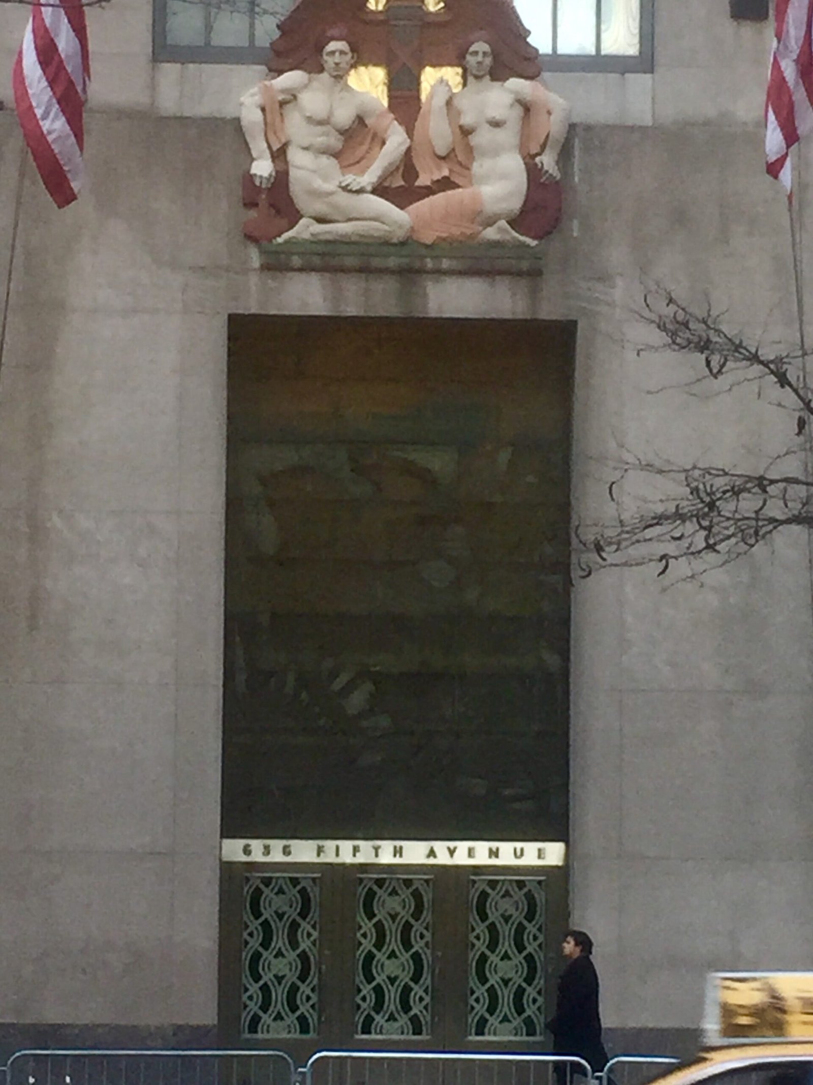 Entrance of the International Building North at 636 Fifth Avenue with cast-glass screen