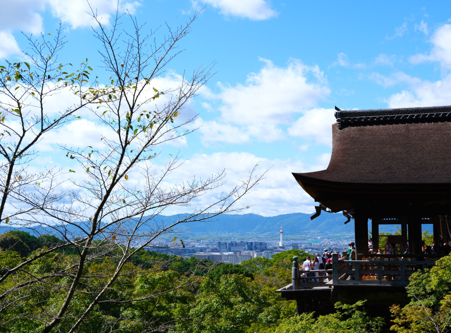 The timber stage of Kiyomizu-dera projecting out over the wooded hillside, with the city visible far below