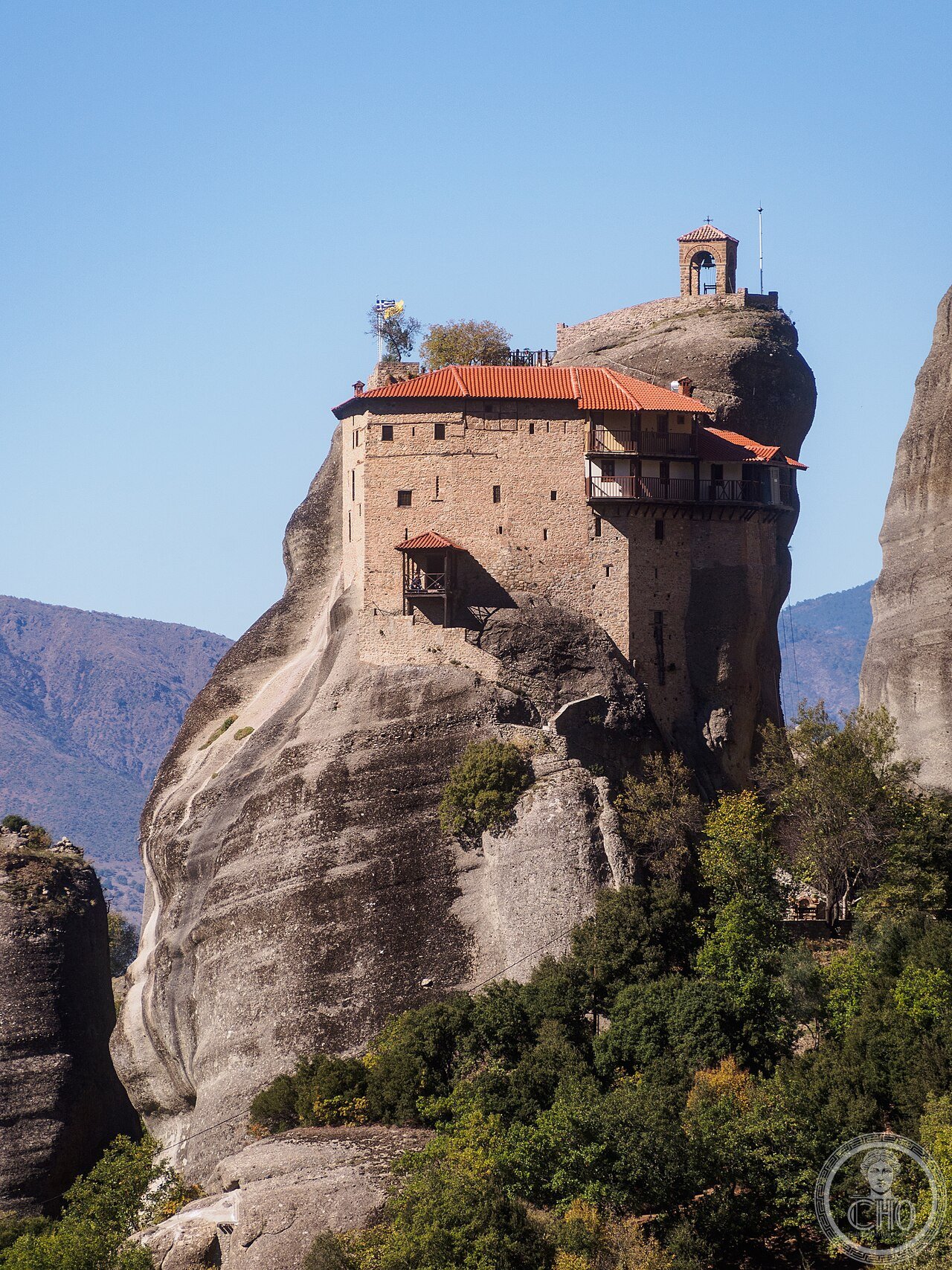Agios Nikolaos Anapafsas Monastery at Meteora, Greece, built vertically on a narrow rock pinnacle, founded c. 1510, holding the earliest signed work of the Cretan painter Theophanes Strelitzas from 1527