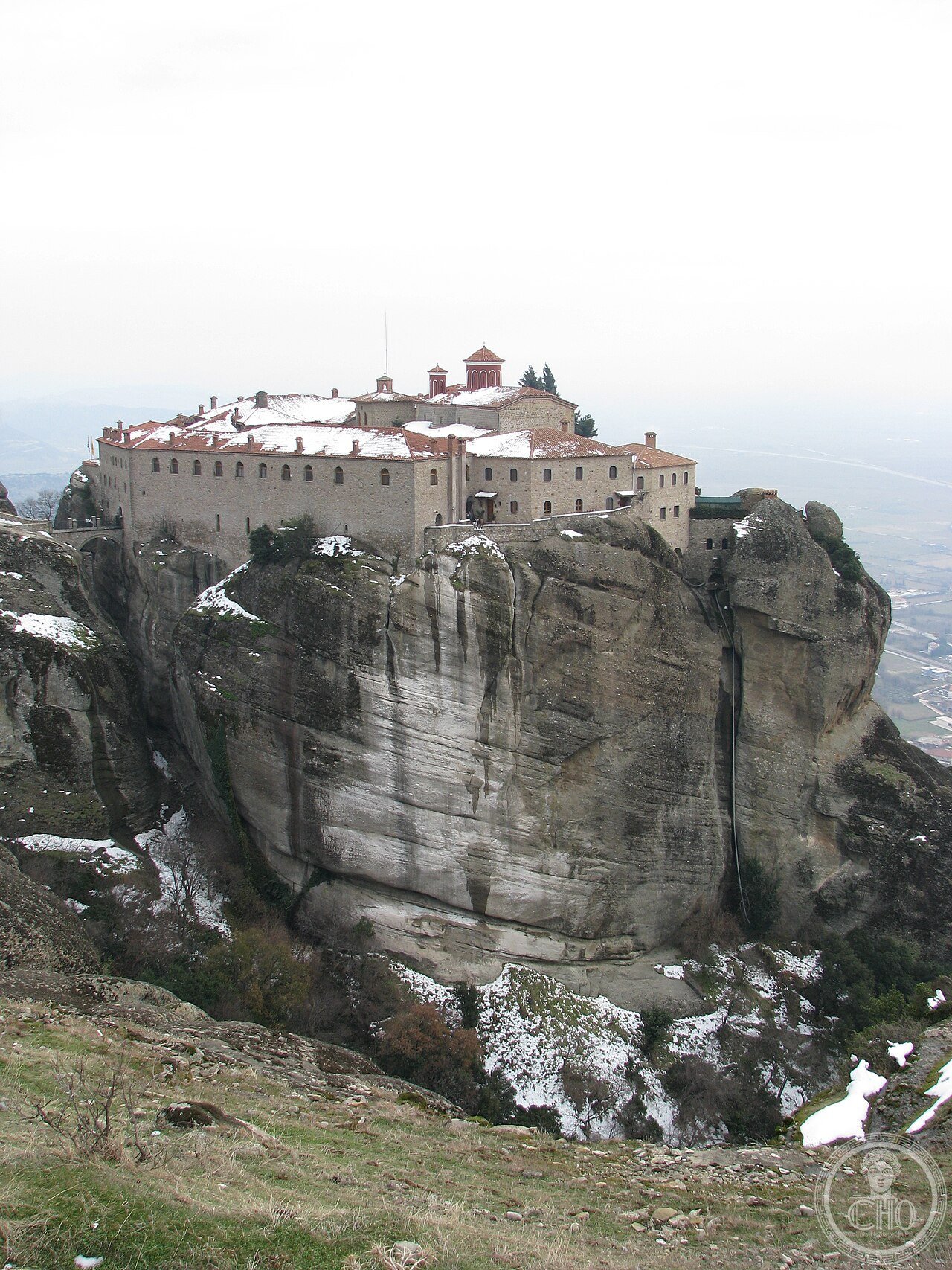 Agios Stefanos Monastery at Meteora, Greece, founded c. 1400, the only monastery in the complex built at plateau level, damaged by Nazi shelling in WWII and now home to a community of nuns