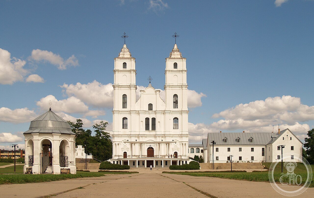 Twin-towered Baroque facade of the Basilica of the Assumption at Aglona, Latvia, founded 1699 by Dominicans, one of the most important Catholic pilgrimage sites in the Baltics