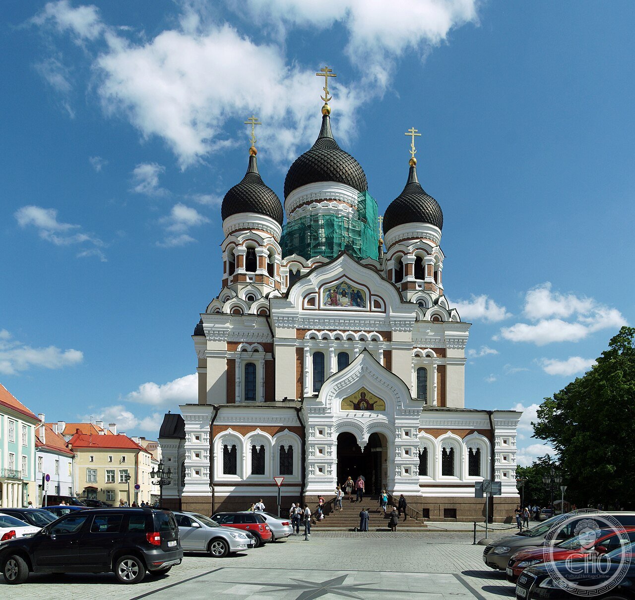 Alexander Nevsky Cathedral in Tallinn, Estonia, a Russian Revival Orthodox cathedral built 1894-1900 on Toompea Hill facing the Estonian parliament, subject of a 1928 demolition law that was never carried out