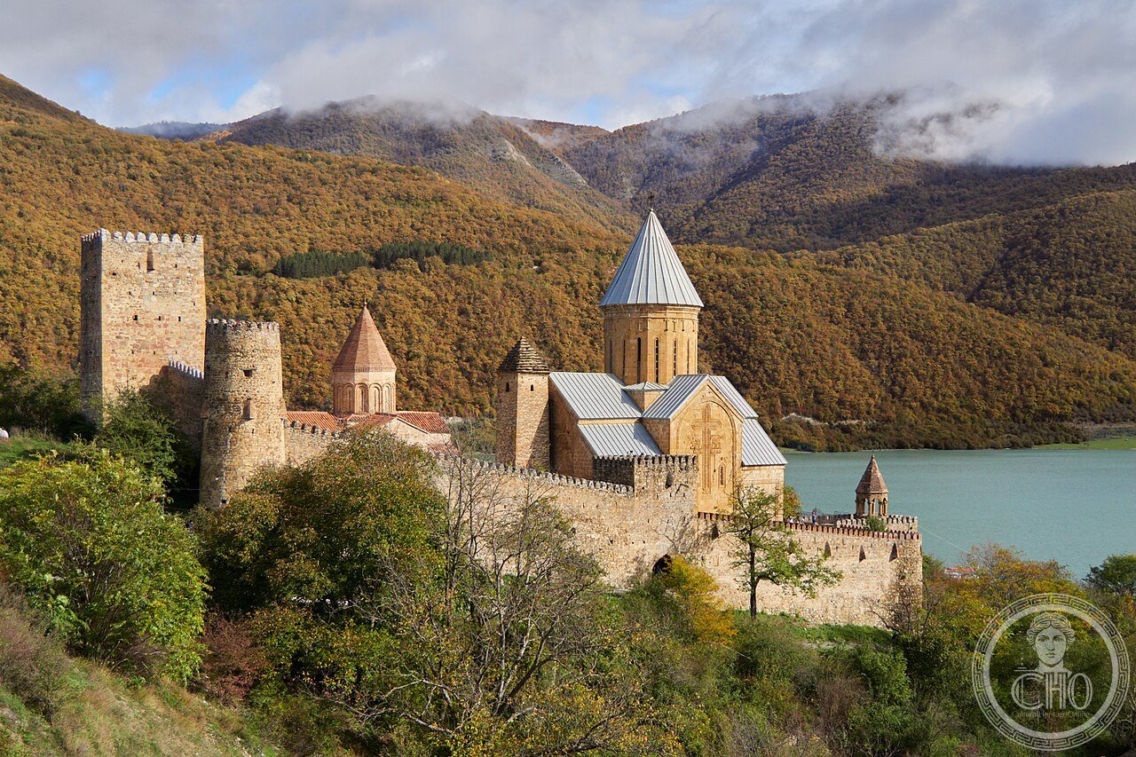 Ananuri fortress and church complex in Georgia, seat of the Eristavi dukes of Aragvi, where in 1739 a rival clan cut off the water supply and massacred the defenders during a siege, before local peasants revolted against the usurpers four years later