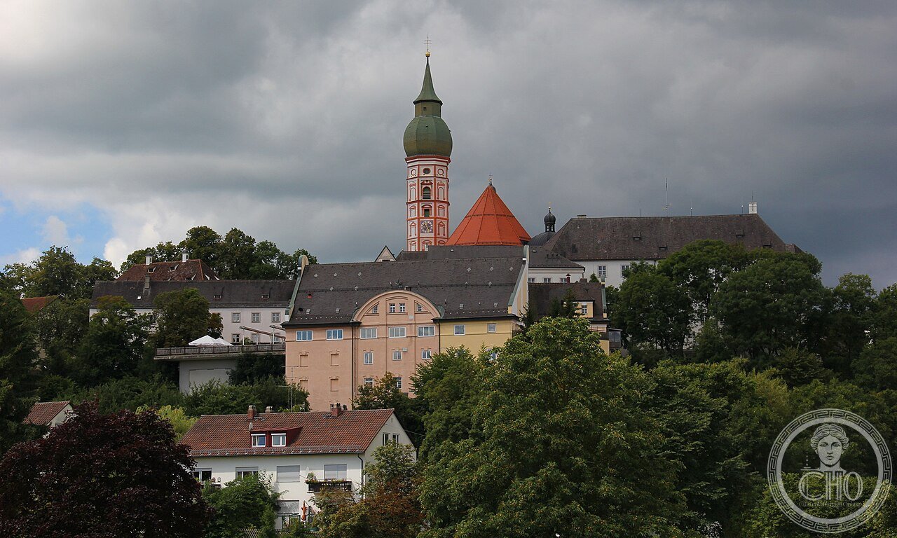 Kloster Andechs on the 'Holy Mountain' above the Ammersee in Bavaria, Germany, a Benedictine pilgrimage site since 1455 whose lost relics were rediscovered in 1388 after a mouse dragged out a fragment of the relic register