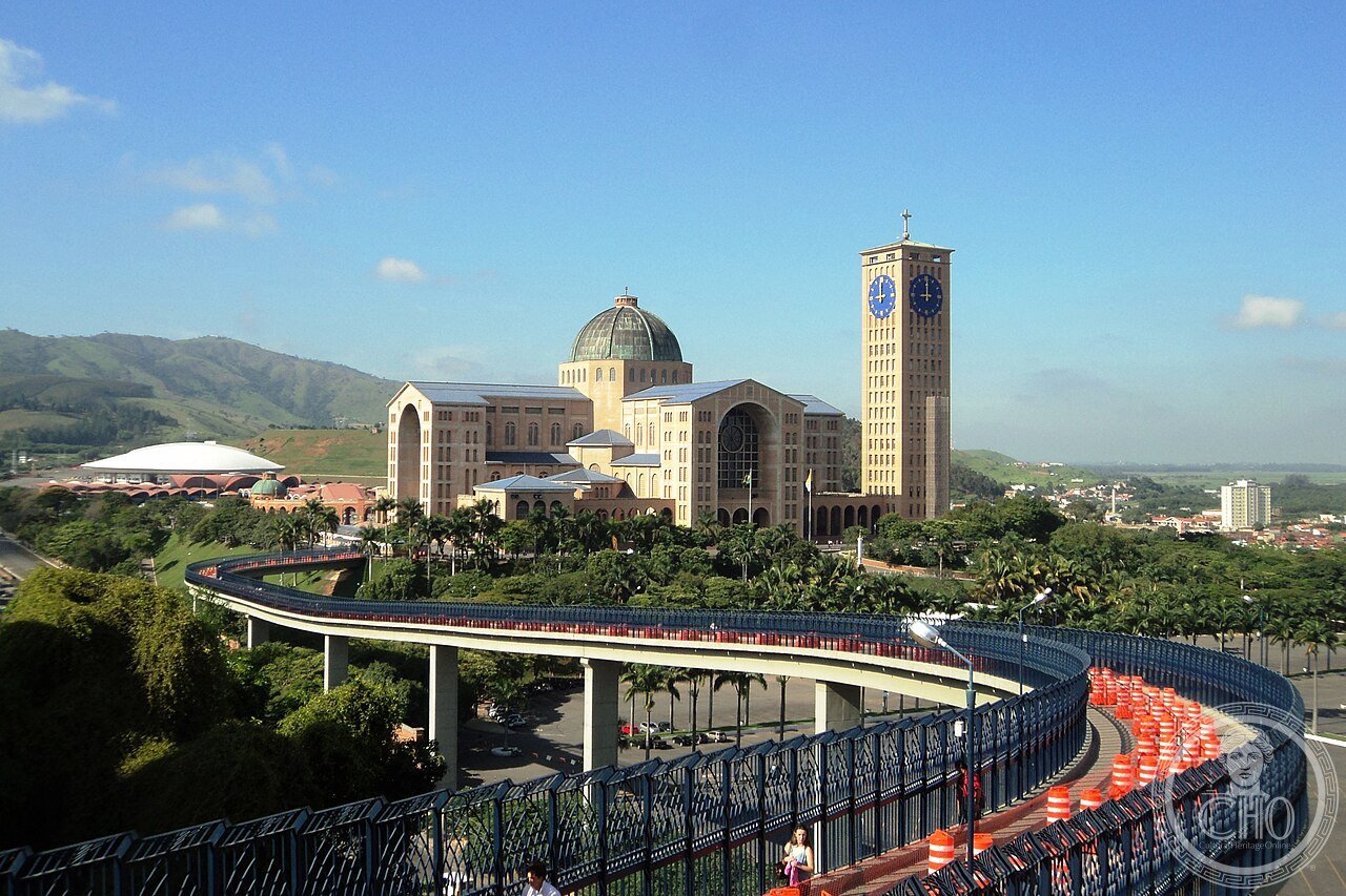 Basilica of Our Lady of Aparecida in Brazil, the second-largest church in the world by area, built around a small terracotta statue of the Virgin Mary found by fishermen in 1717 and later declared patroness of Brazil