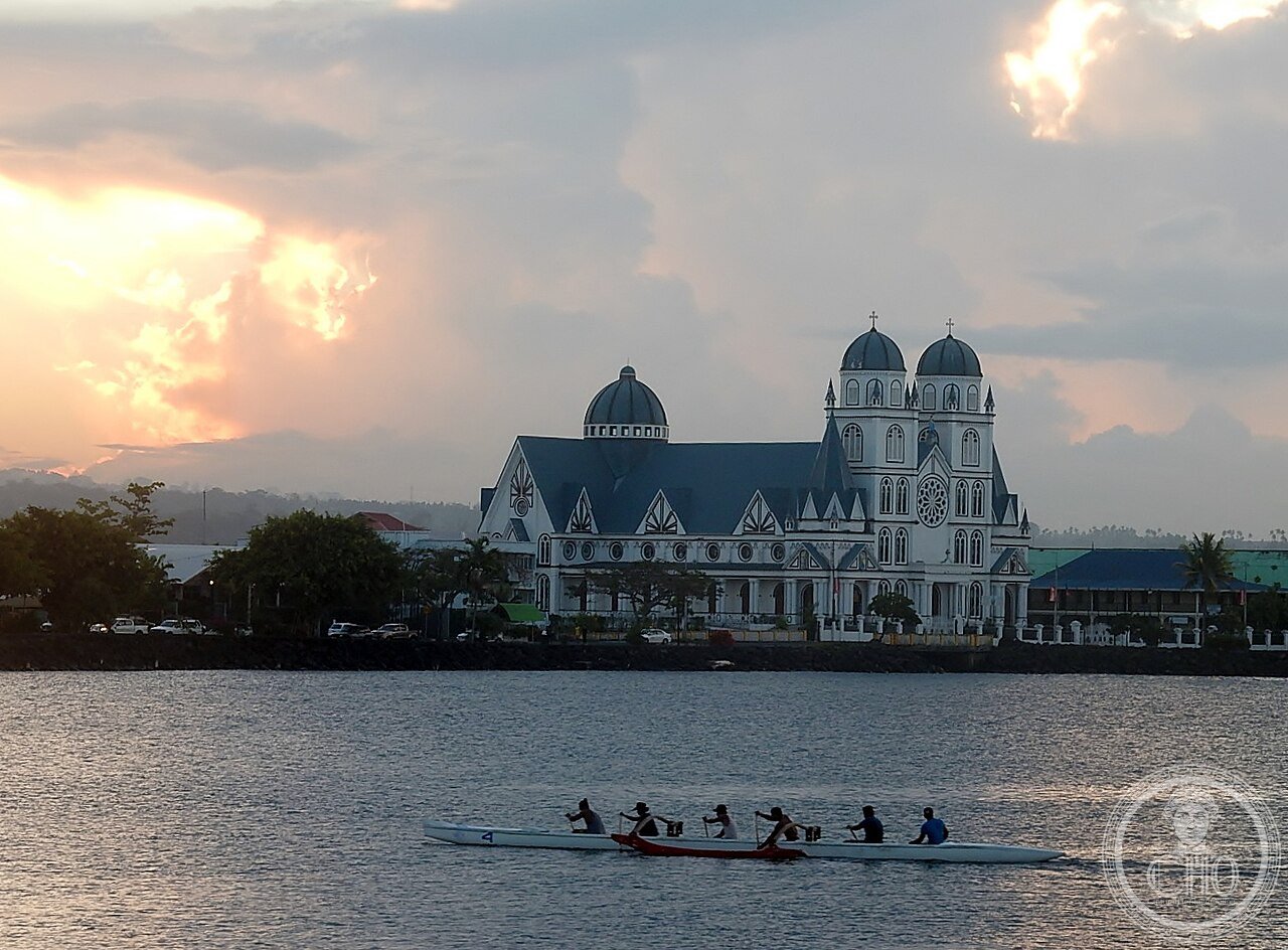 Cathedral of the Immaculate Conception of Mary (Mulivai Cathedral) in Apia, Samoa, rebuilt 2011-2014 after the 2009 earthquake, with a ceiling carved in traditional Samoan pe'a tattoo motifs