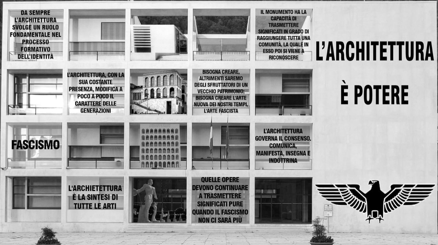 Editorial graphic on the theme of architecture and power, over the grid facade of the Casa del Fascio in Como