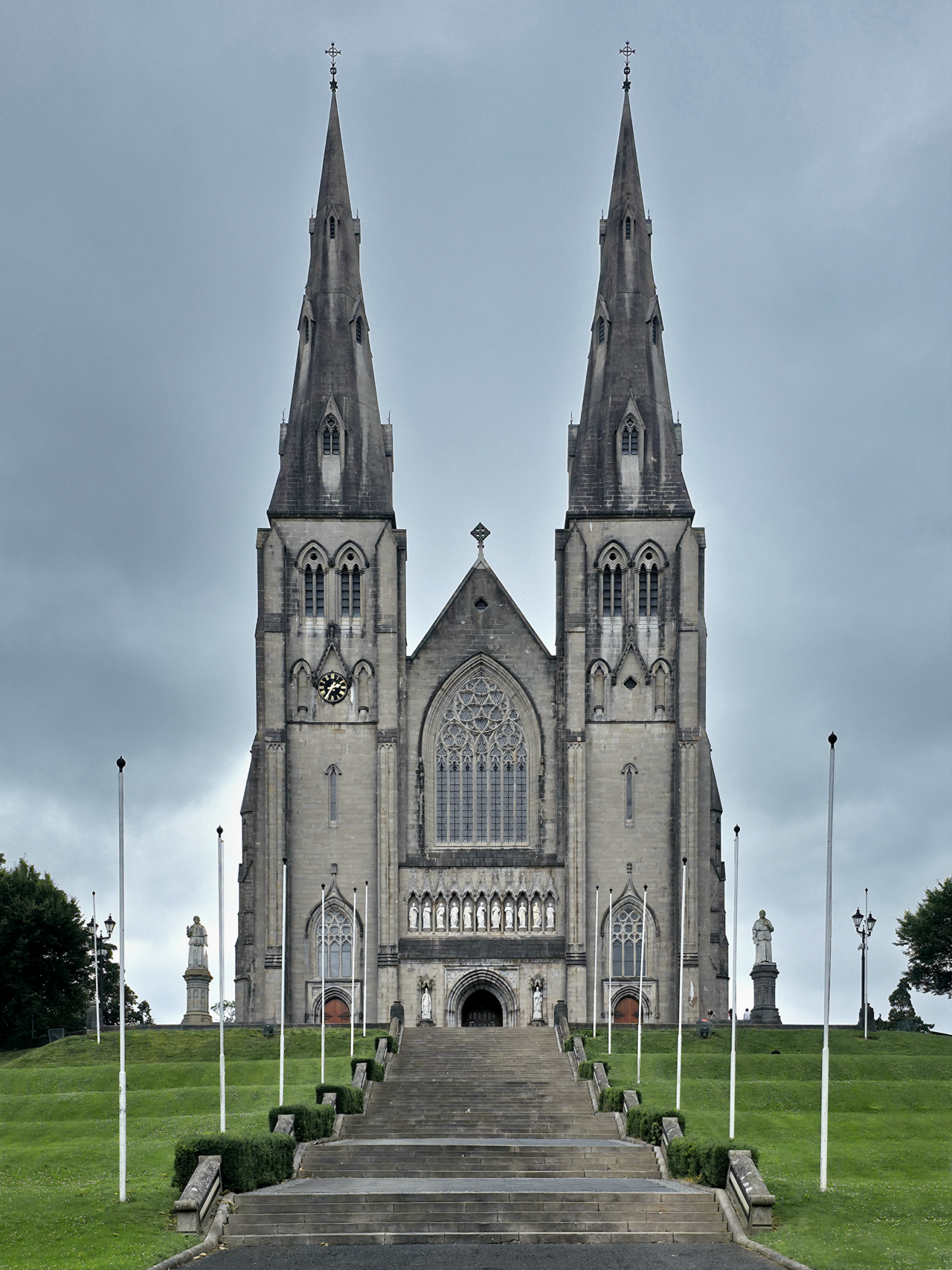 St Patrick's Cathedral (Roman Catholic) in Armagh, Northern Ireland, begun in 1840 and halted by the Great Famine, completed in 1873 with funds from the Irish diaspora and crowned by twin spires over 60 metres tall