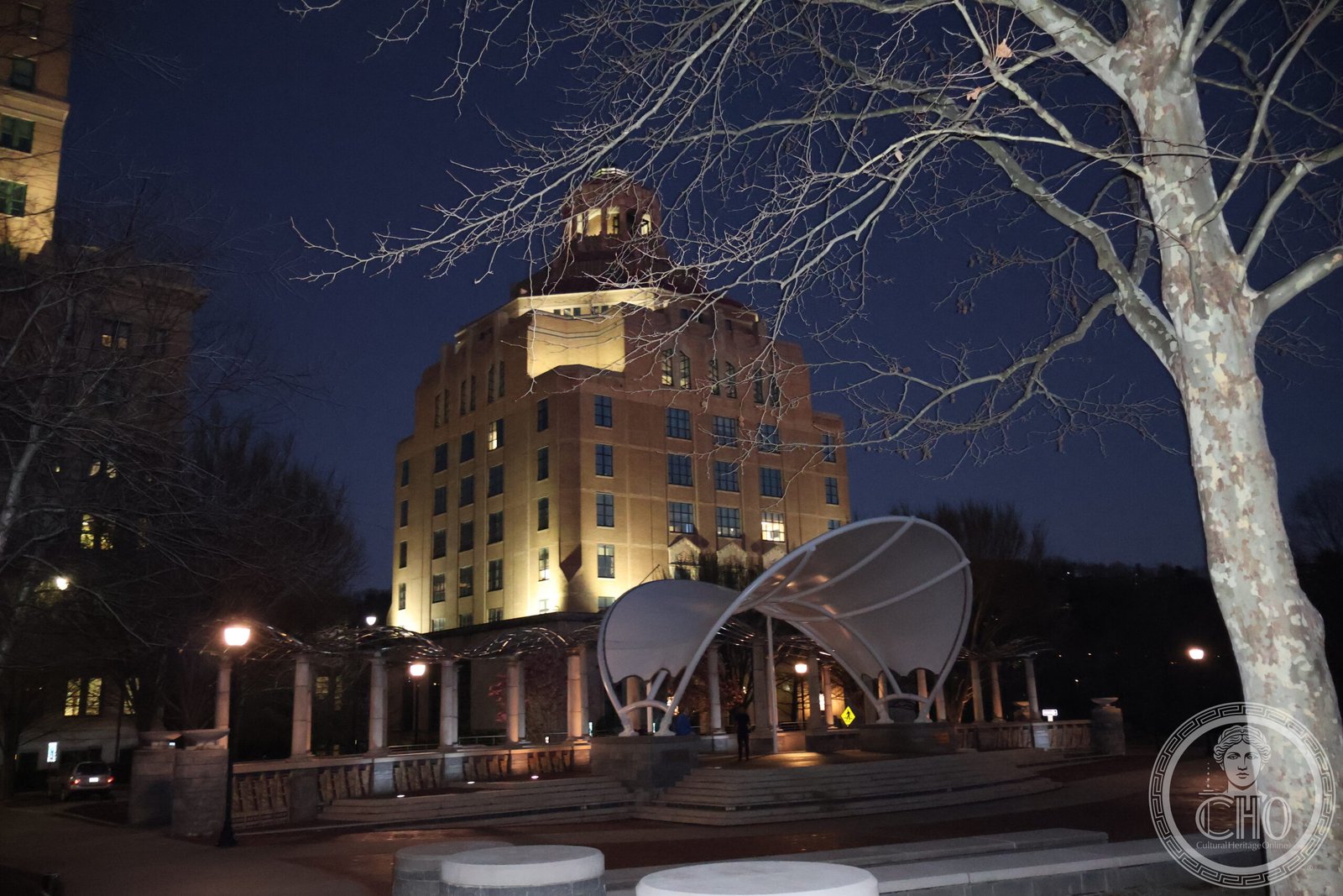 Asheville City Hall octagonal dome in polychrome terracotta tile, Art Deco exterior facade