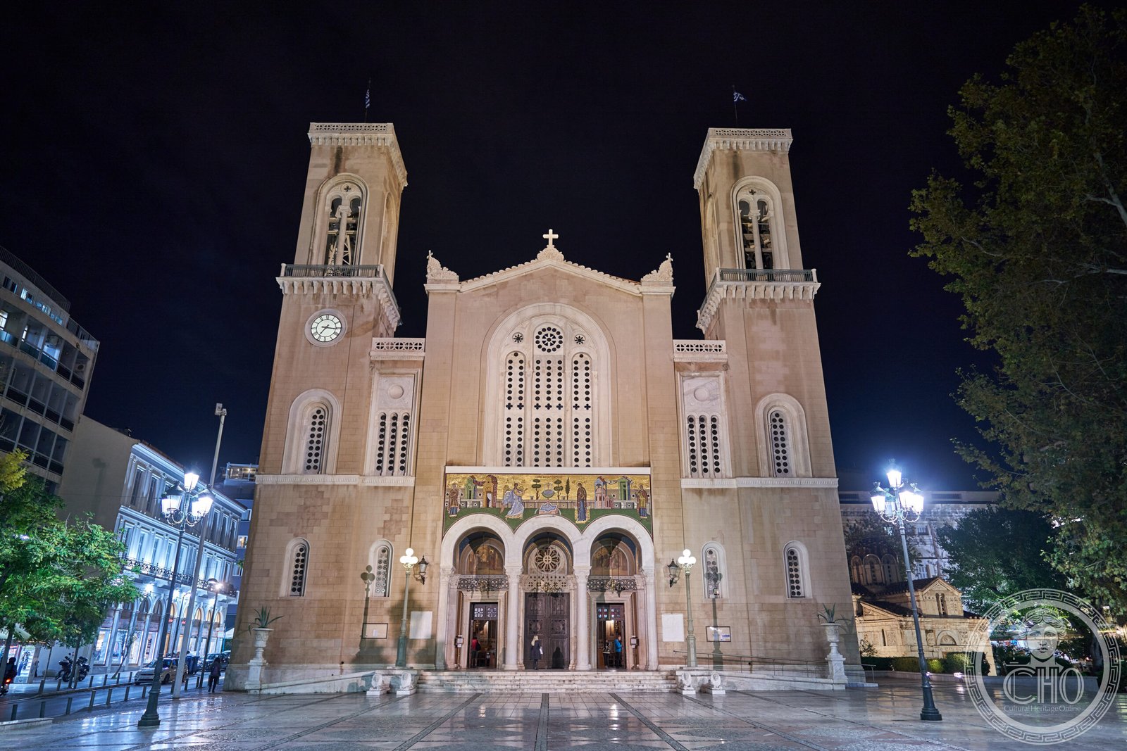 Metropolitan Cathedral of Athens on Mitropoleos Square, Greece, a neoclassical twin-towered facade with a mosaic lunette of the Annunciation