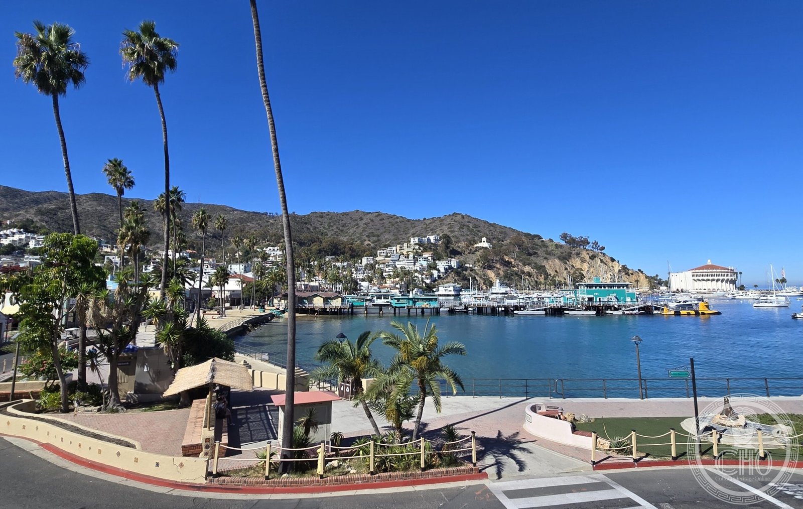 Avalon Casino building, Catalina Island, California, Art Deco circular tower on the harbor