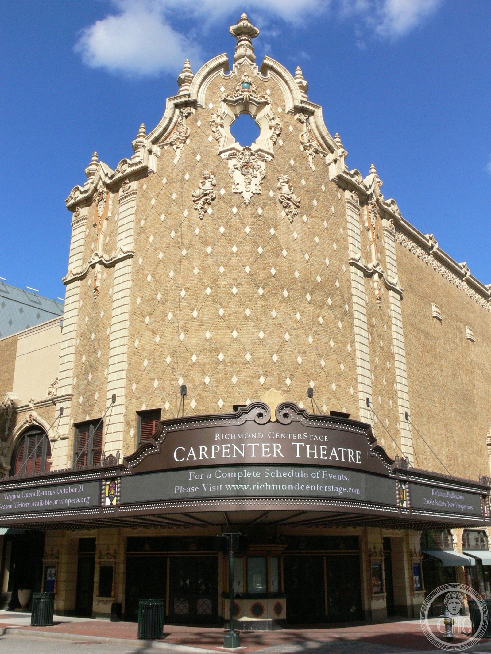 Carpenter Theatre Art Deco facade on Grace Street in downtown Richmond, Virginia