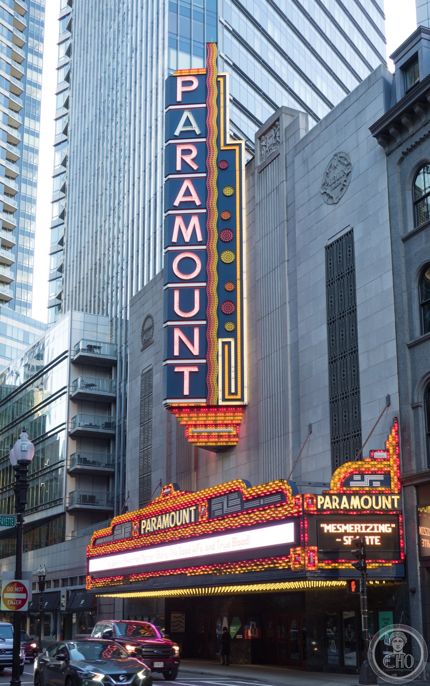 Paramount Theatre Art Deco facade on Washington Street in Boston's Theater District, Massachusetts