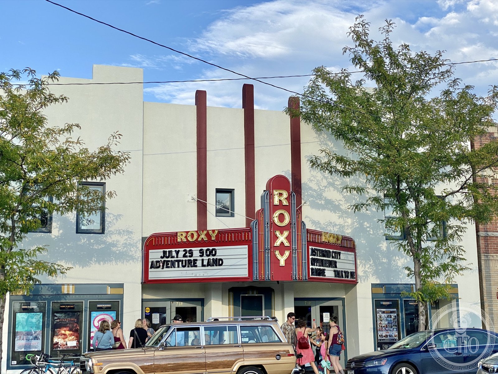 Roxy Theater on Higgins Avenue, Missoula Montana, Art Deco facade at dusk