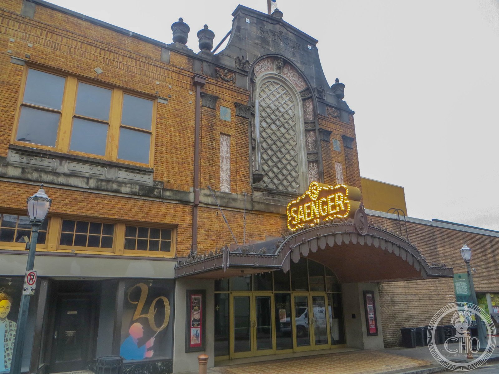 Saenger Theatre (1927) facade on Joachim Street, Mobile, Alabama — ornate Mediterranean Revival marquee and terracotta ornament